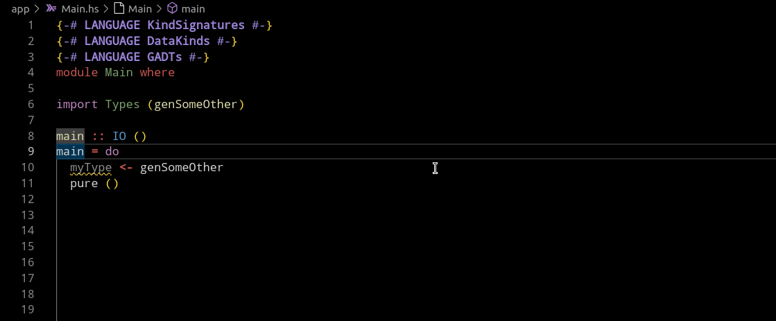 A demonstration of the go-to action jumping to the different possible types in a simple example.