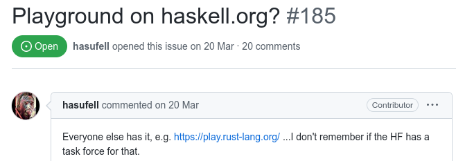 A GitHub issue with title "Playground on haskell.org?"